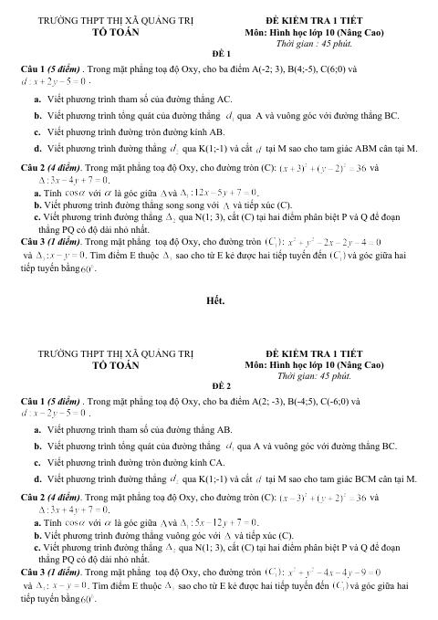 Đề kiểm tra 1 tiết Hình học 10 chương 3 năm 2018 – 2019 trường Thị xã Quảng Trị (bản Word)